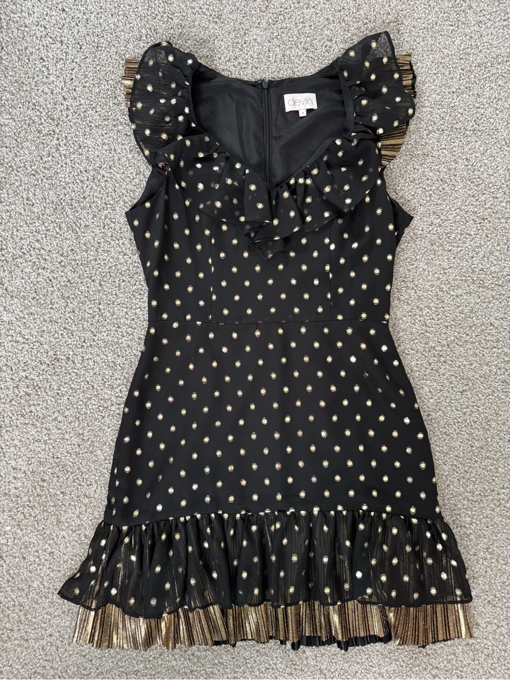 Devlin Black Gold Metallic Polka Dot Ruffle Mini Dress 4
